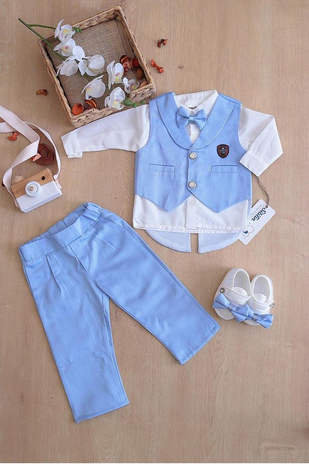 Erkek Bebek Yelekli Papyonlu Mevlit Takımı Lüks Özel Gün ve Mevlütlük Süslü Set 0 - 4 AY STL6408 - 3