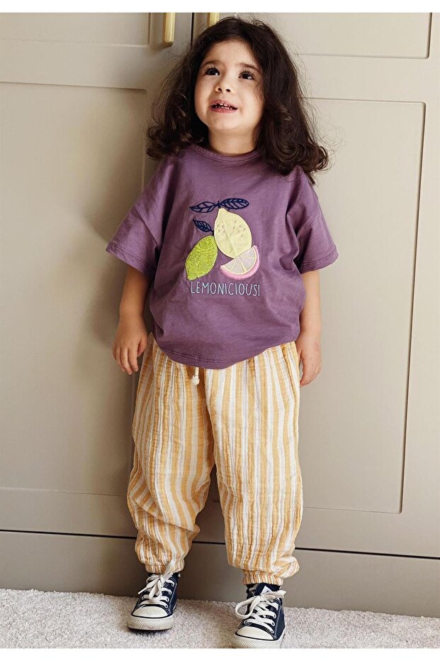 Lemon Appliqued Striped Muslin Shalwar Suit Age 2-8 Purple
