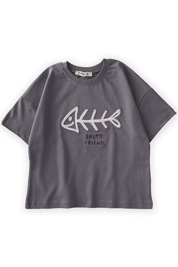 Fish Embroidered T-shirt 2-8 Years Gray