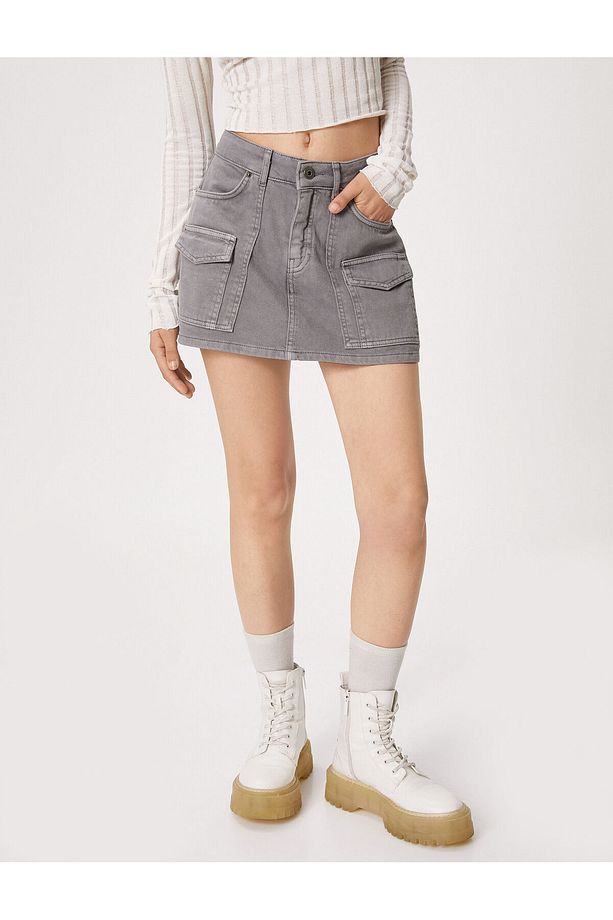 Kot Şort Etek Mini Gabardin Kumaş Fermuarlı Düğmeli - 3