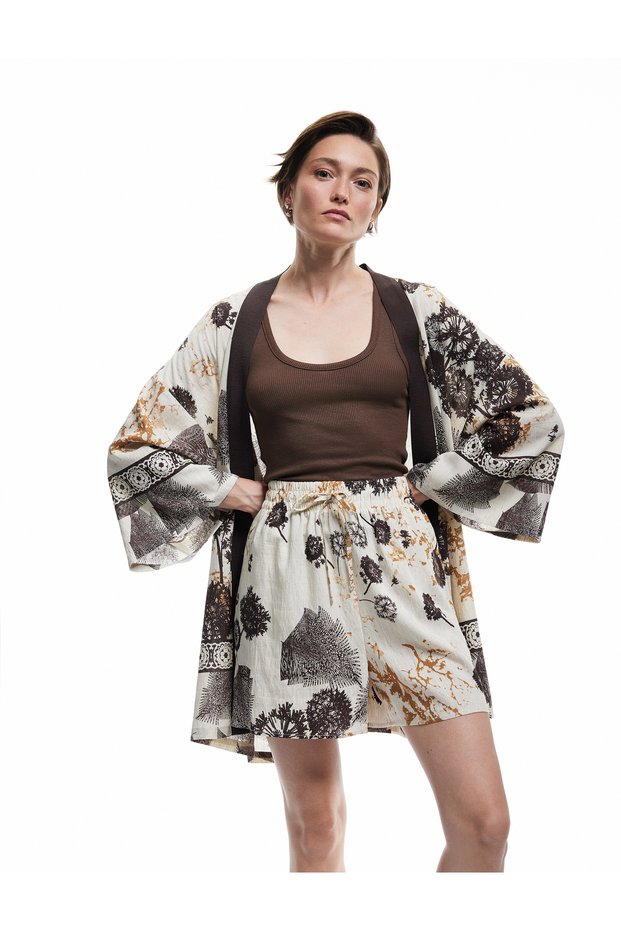 Linen Blend Pocket Patterned Floral Short Shorts