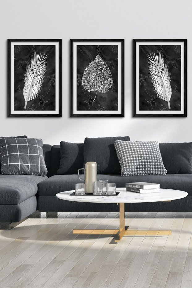 Flower Leaf Silver 3 Piece Black Wooden Framed Painting