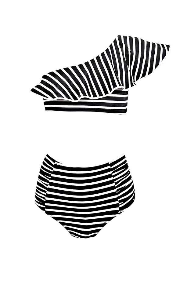Tek Omuz Çizgili Fırfır Yüksek Bel 50UV Kız Çocuk Bikini Takımı by Nessi Byrd - 1