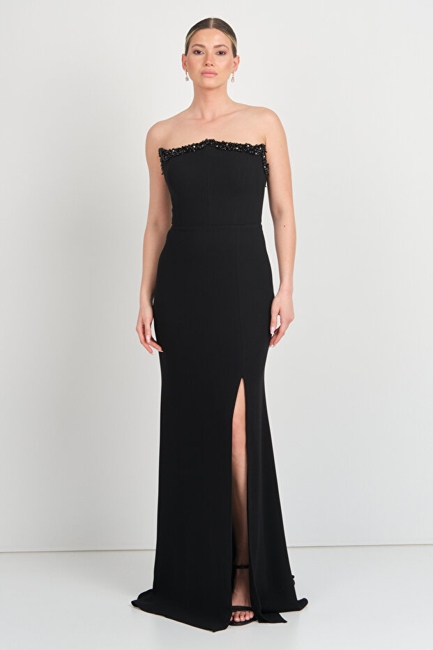 Women's Strapless Stone Decorated Fish Form Evening Dress 5649 Black