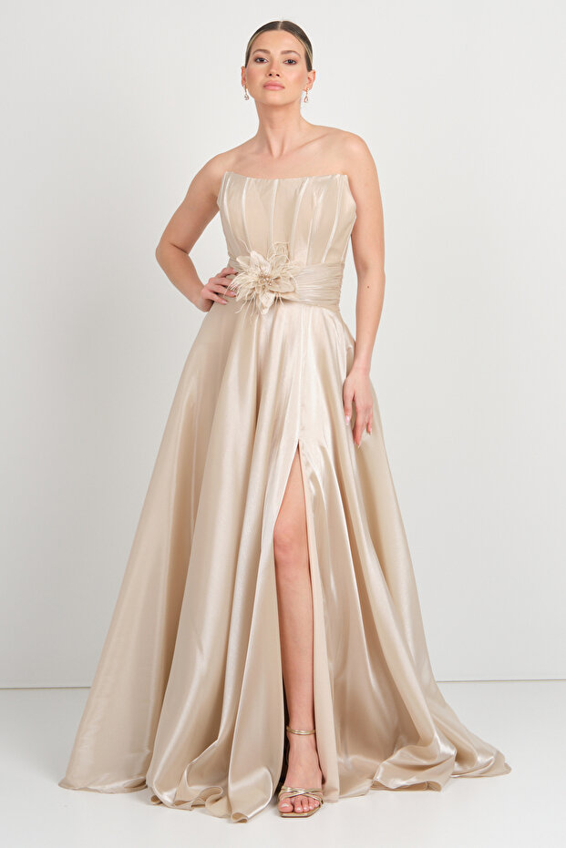 Women's Strapless Bodice Evening Dress with Deep Slit 7688 Champagne