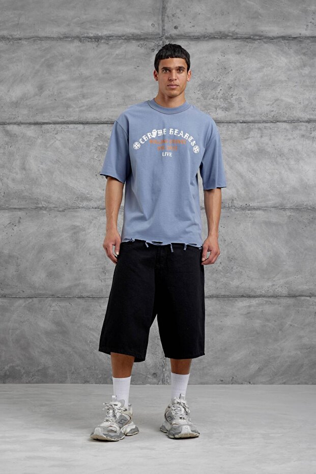 Men's T-Shirt Rolling Stone Written Indigo Oversize Printed Crew Neck Thick Cotton Fabric
