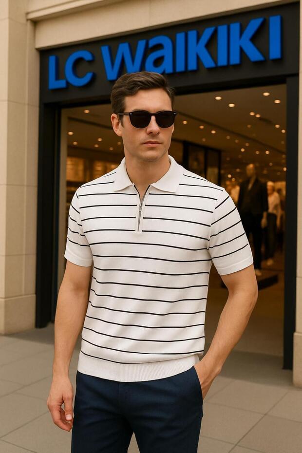 Striped Polo Collar Zippered Breathable Short Sleeve Men's Summer Knitwear T-Shirt