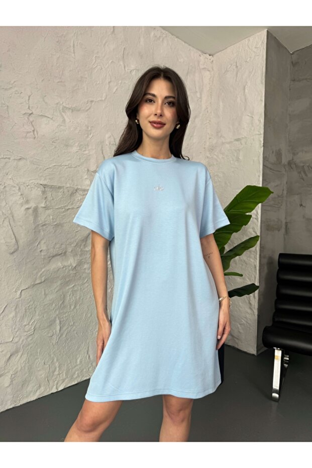 Baby Blue Short Sleeve Print Detail Modal Dress