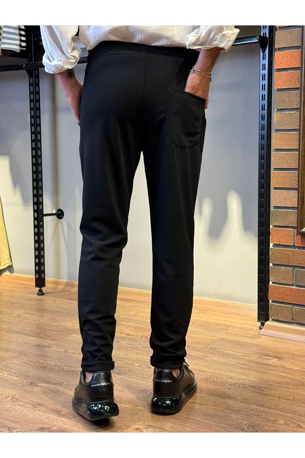 Erkek Siyah Jogger Beli Lastikli Bağcıklı Duble Paça Likralı Rahat Kalıp Pantolon - 3