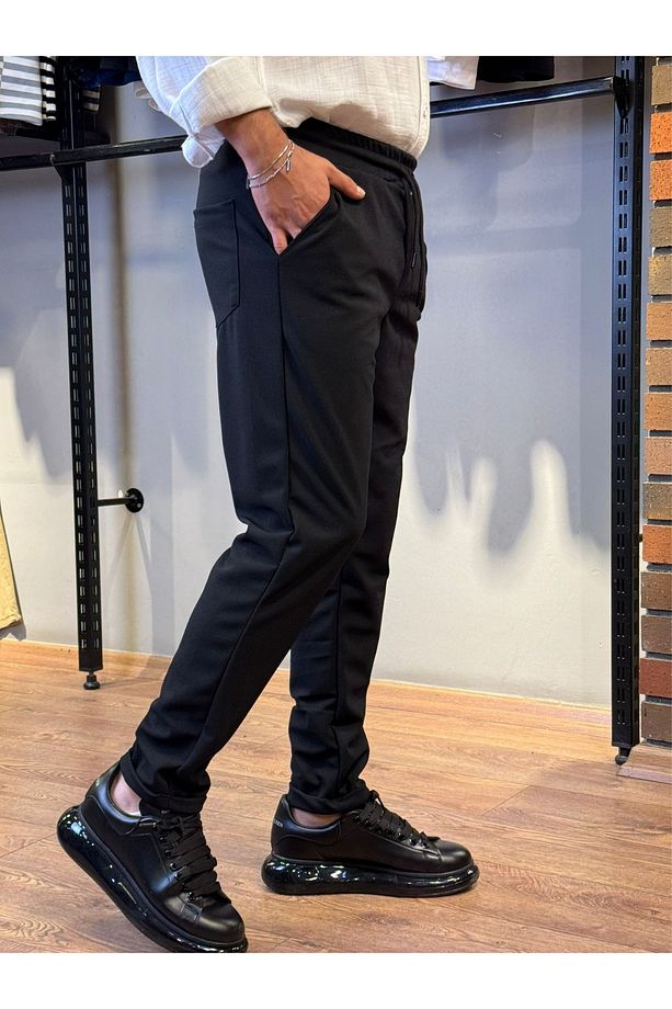 Erkek Siyah Jogger Beli Lastikli Bağcıklı Duble Paça Likralı Rahat Kalıp Pantolon - 2