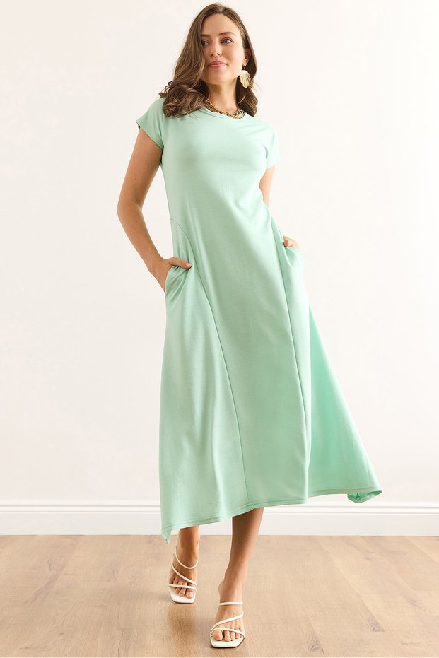 Women's Mint Green Maxi Crystal Dress with Stitching and Pocket Detail Elb-19002451