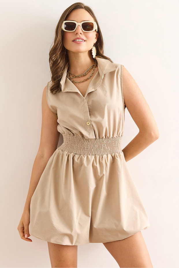 Women's Stone Shirt Collar Waist Gipeli Balloon Skirt Mini Parachute Dress Elb-19002447