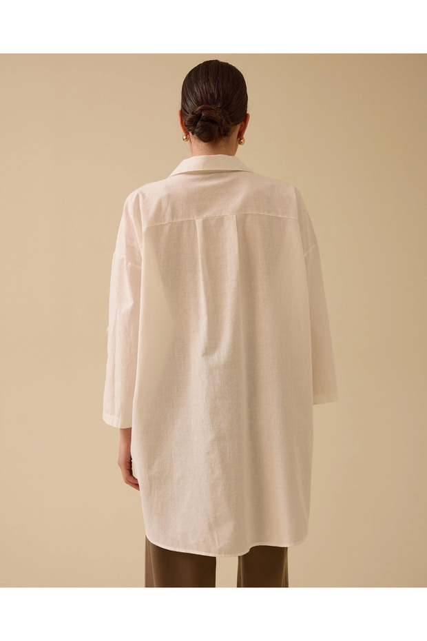 Keten Görünümlü Düğmeli Oversize Gömlek - 3