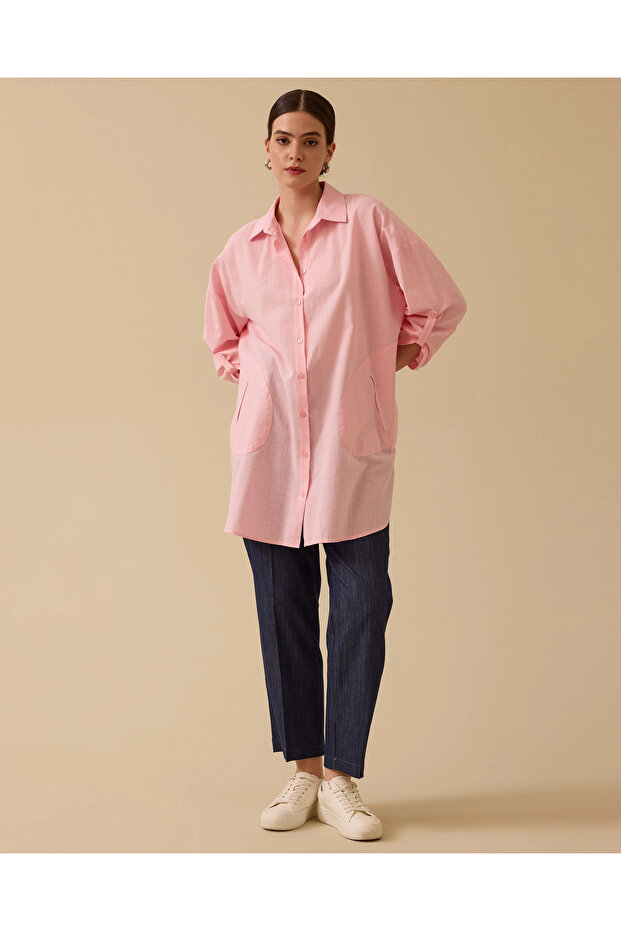 Keten Görünümlü Düğmeli Oversize Gömlek - 2