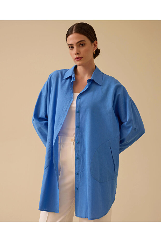 Keten Görünümlü Düğmeli Oversize Gömlek - 2