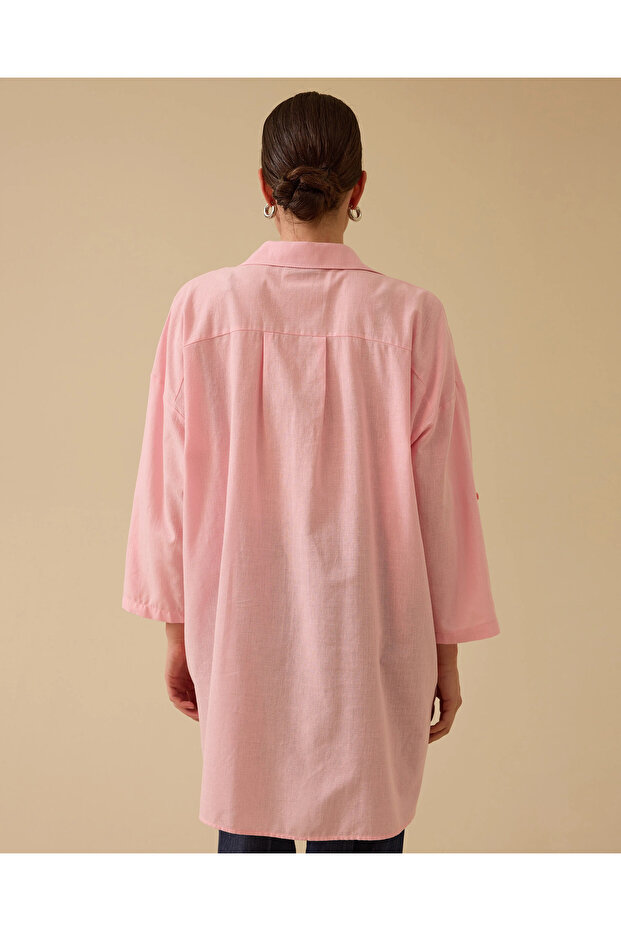 Keten Görünümlü Düğmeli Oversize Gömlek - 3