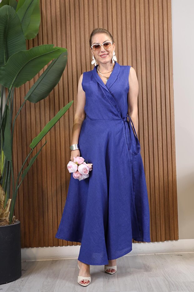 İthal Keten Bağlama Detay Çivit Mavisi Elbise - 2