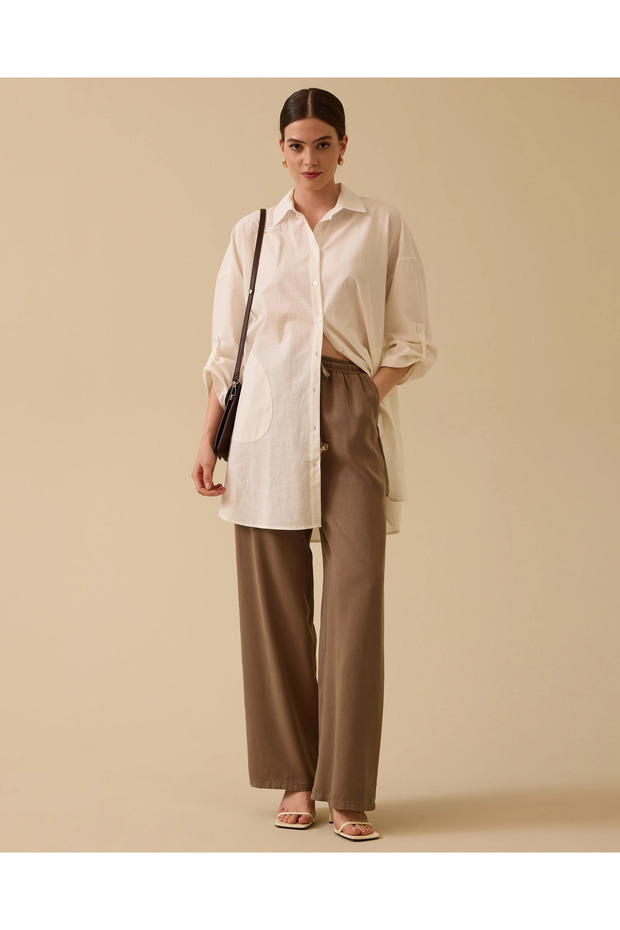 Keten Görünümlü Düğmeli Oversize Gömlek - 1