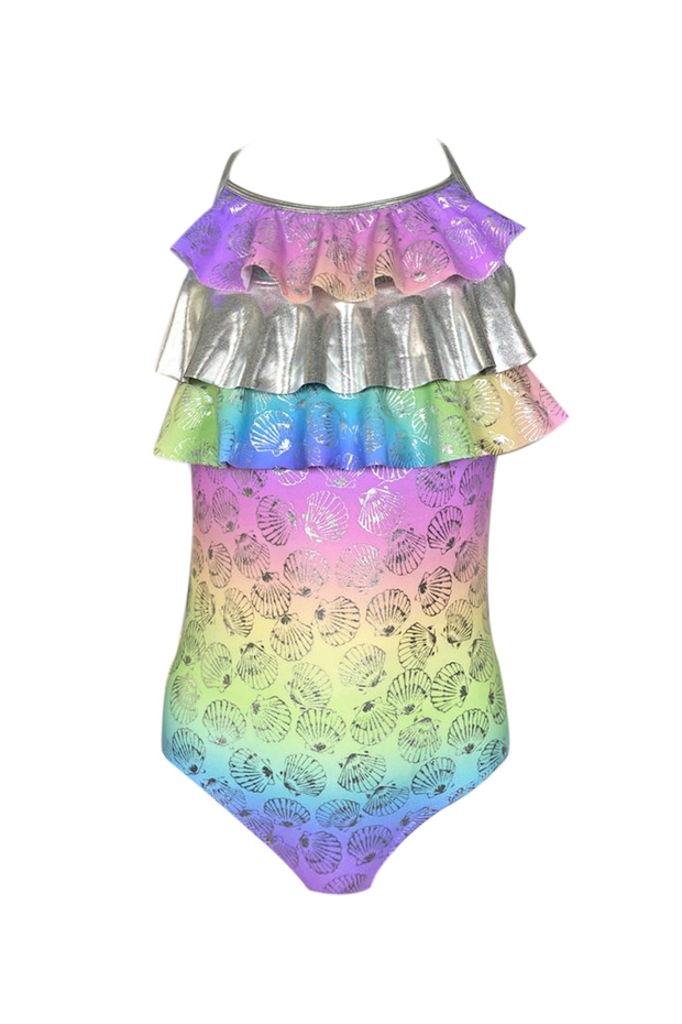 Strappy Shiny Textured Seashell Print Multi-Ruffle 50Uv Girls Swimsuit by Nessi Byrd