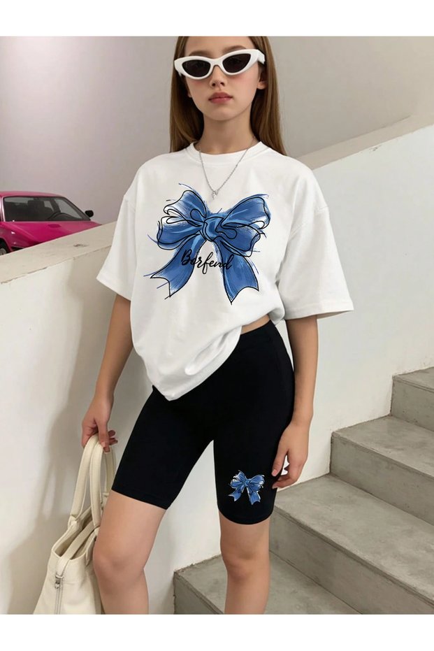 Girls Blue Ribbon Printed White T-Shirt-Black Short Leggings Set