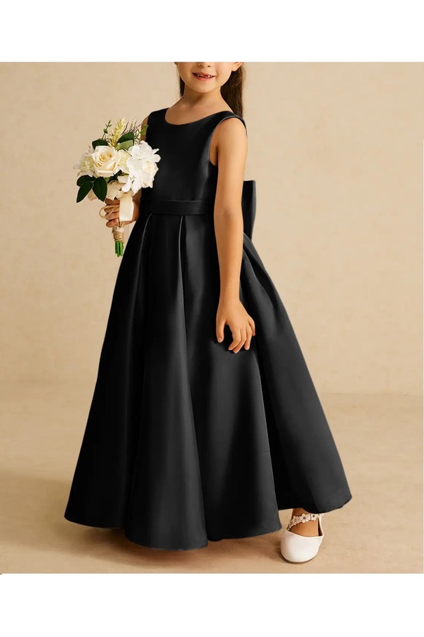 Girls Kids A-Line Pleated Plain Satin Long Dress Graduation Birthday Prom Dress