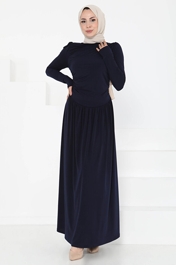 Gathered Dress Navy Blue - 27254 - 3