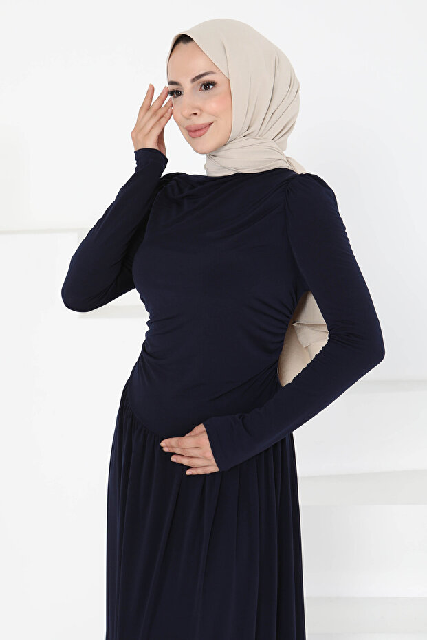 Gathered Dress Navy Blue - 27254 - 7