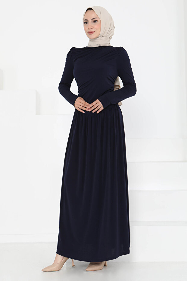 Gathered Dress Navy Blue - 27254 - 6