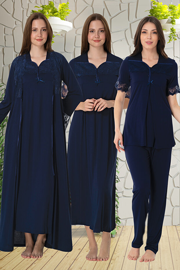 Navy Blue Lace Detailed 4-Piece Maternity Set Effortt 9016