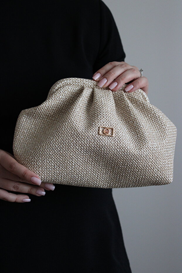 Women's Cream Straw Look Faux Leather Clutch Bag – Hand and Cross Strap, Lined