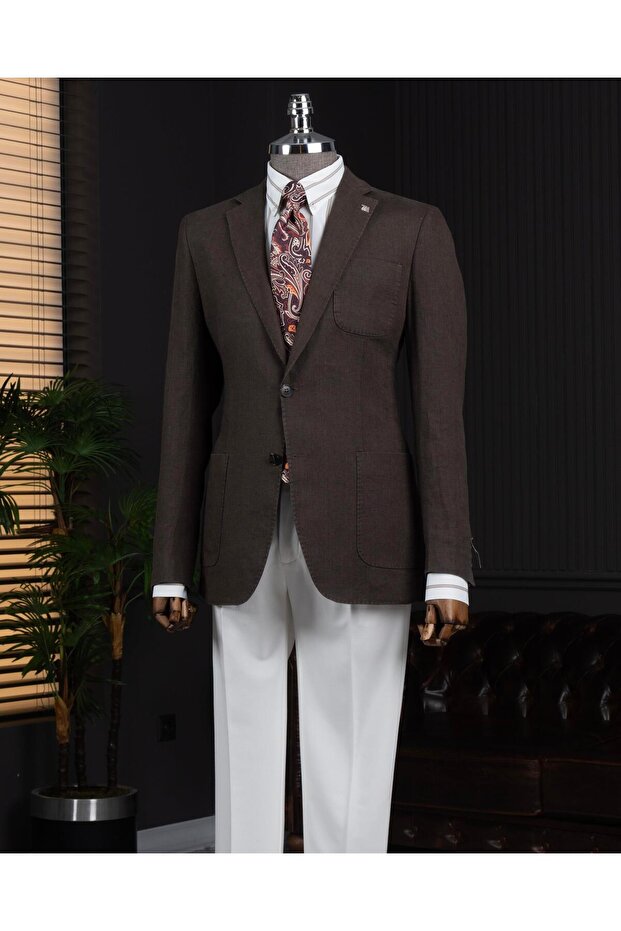 Italian Style Slim Fit Mono Collar Men's Jacket Brown T13787