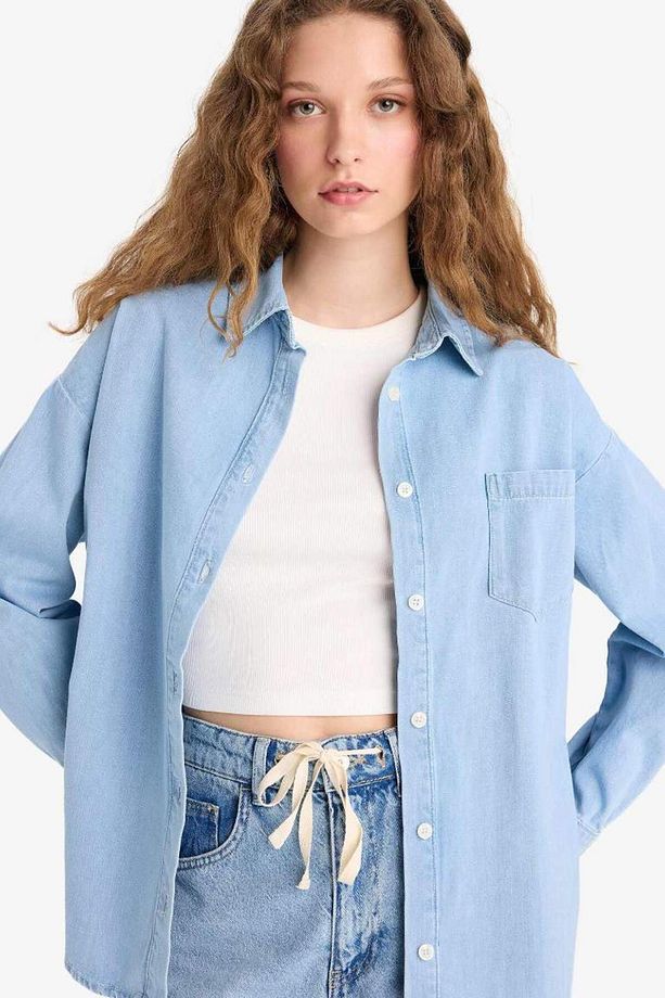 Yeni Sezon Oversize Geniş Kalıp Tek Cepli Jean Gömlek - 4