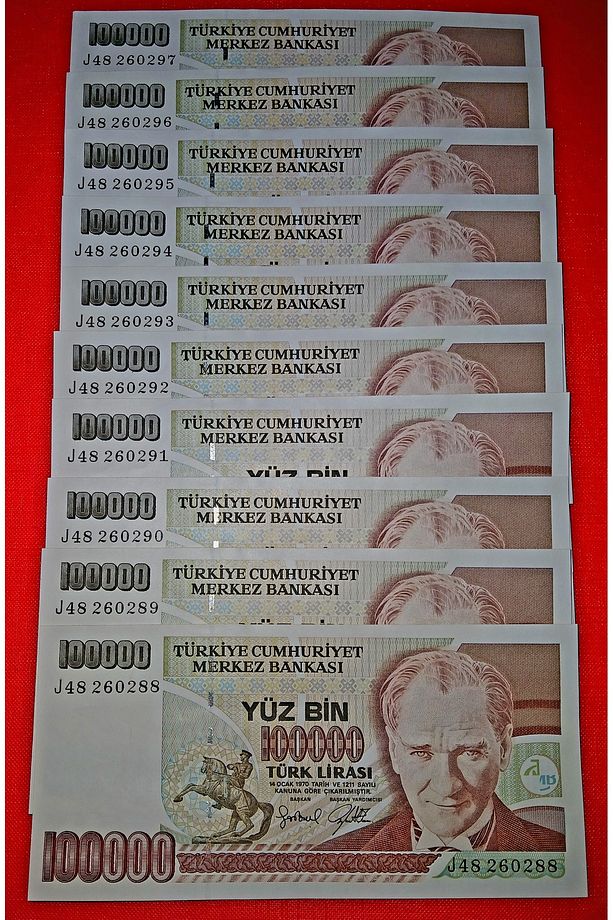 7. EMİSYON 100.000 LİRA KAĞIT PARA ''SERİ TAKİPLİ 10 ADET' ÇİL - 1