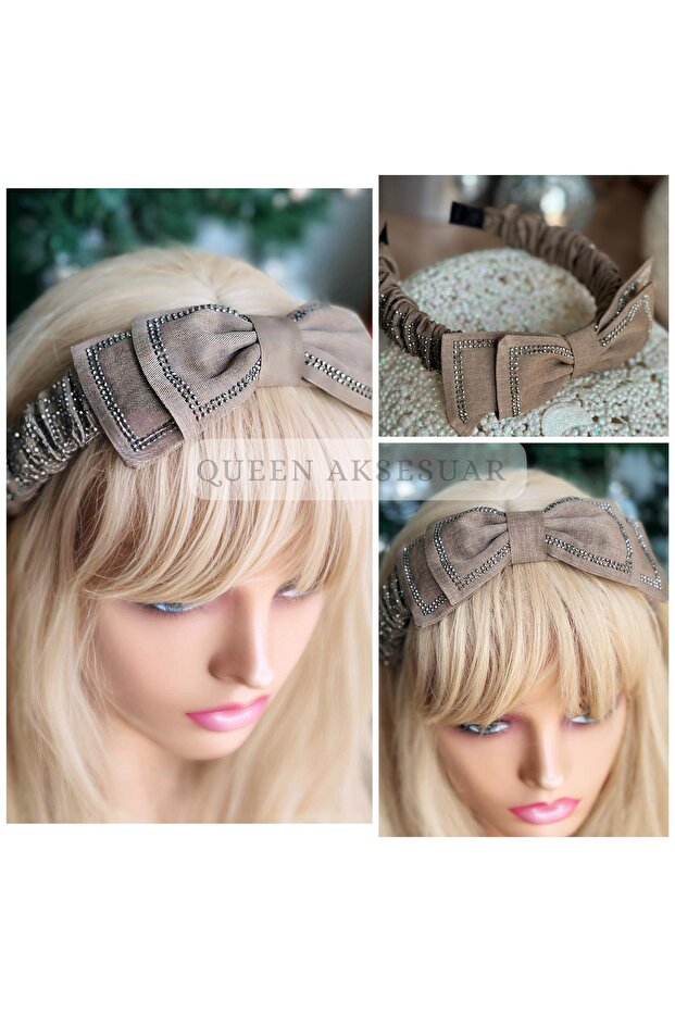 Luxury Design Crystal Stone Processing Motif Bow Denim Fabric Gathered Crown Female Child Crown Brown