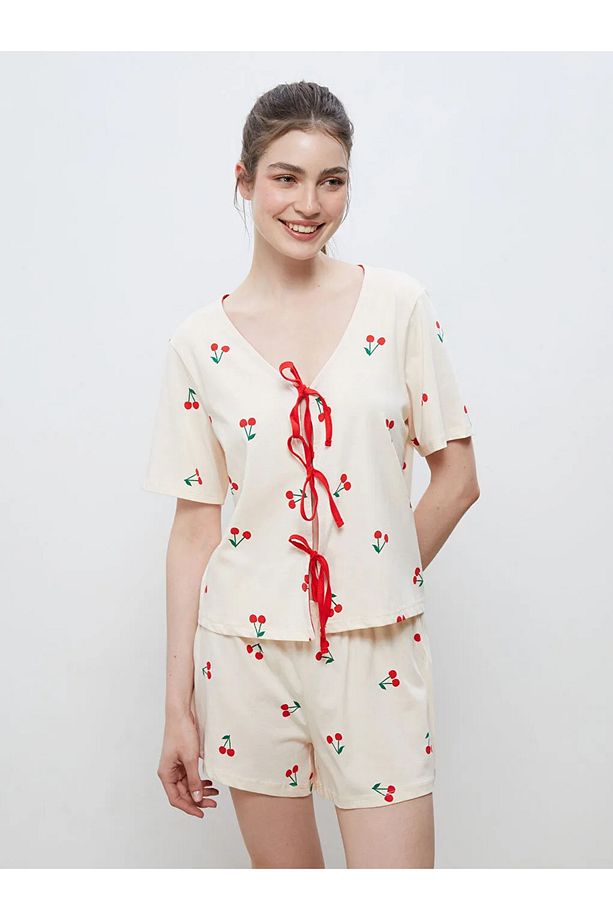 LCW DREAM Ekru Kadın Şortlu Pijama Takımı Anne Kız Kombini - 2