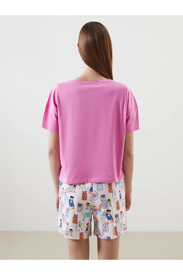 LCW DREAM Pembe Bisiklet Yaka Baskılı Kadın Şortlu Pijama Takımı - 4