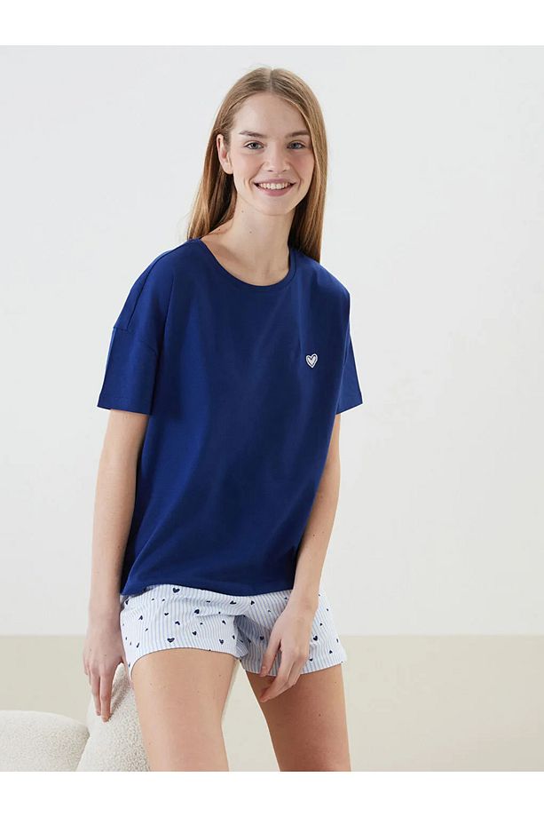 LCW DREAM Mavi Bisiklet Yaka Nakışlı Kadın Şortlu Pijama Takımı - 1