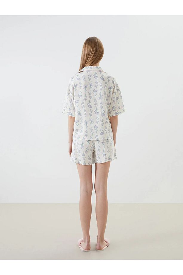 LCW DREAM Ekru Gömlek Yaka Desenli Kadın Şortlu Pijama Takımı - 4
