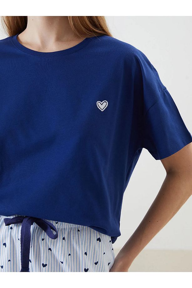 LCW DREAM Mavi Bisiklet Yaka Nakışlı Kadın Şortlu Pijama Takımı - 3