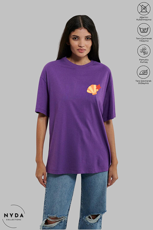 Women's Crew Neck Seashell Printed Cotton Oversize Short Sleeve T-Shirt