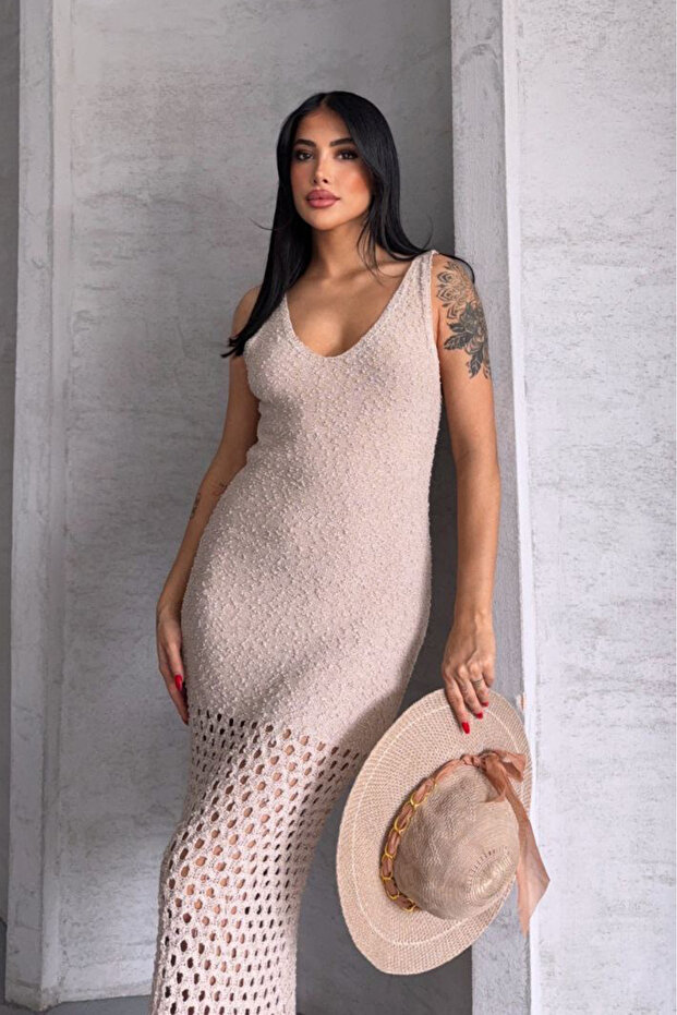 Beige Maxi Size Openwork/Hollowed V-Neck Summer Dress Ss25El0034