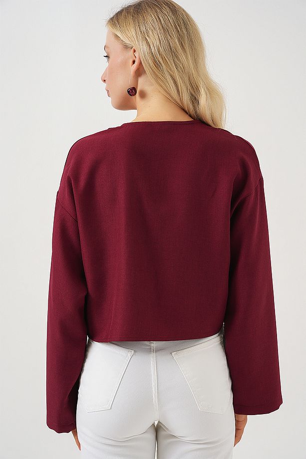 Önü Bağlamalı Keten Kimono 960 - Bordo - 6