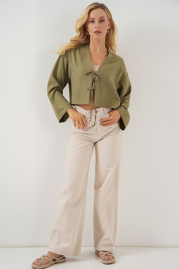 Önü Bağlamalı Keten Kimono 960 - Çağla - 2