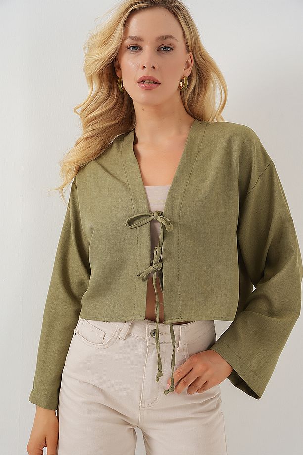 Önü Bağlamalı Keten Kimono 960 - Çağla - 4