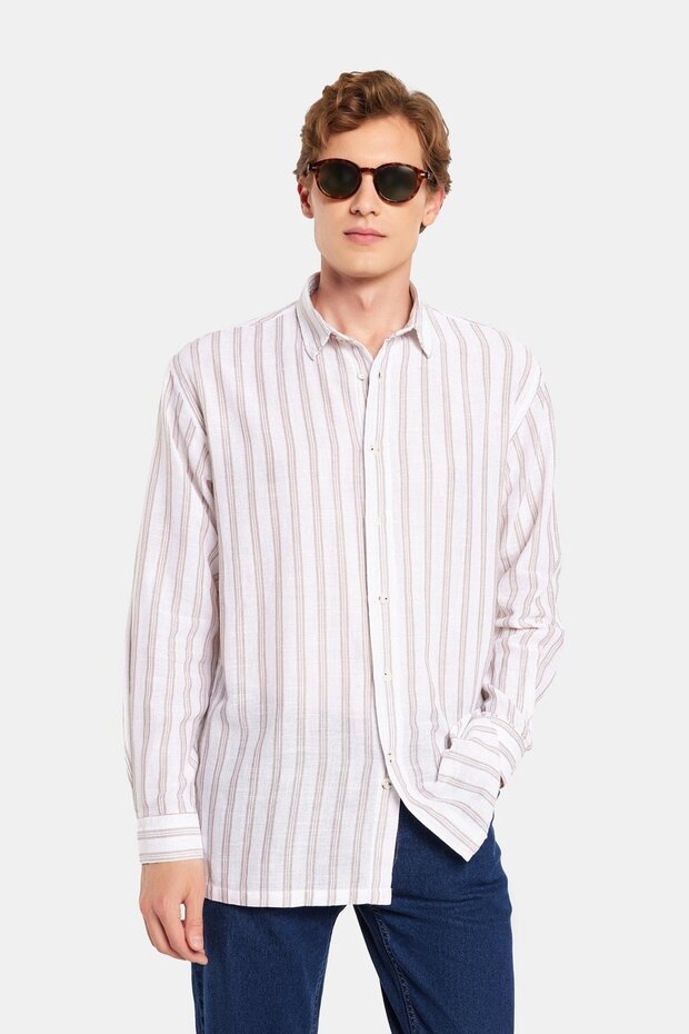 Relax Fit Oversize Flowy Relaxed Cut Striped Linen Sports Men's Shirt