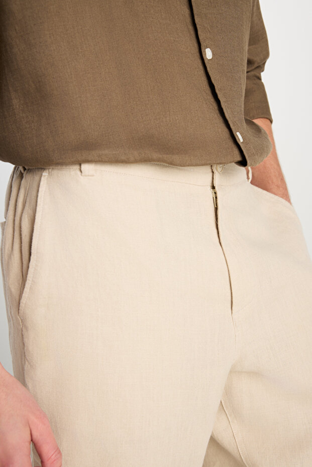 %100 Keten Regular Fit Normal Kesim Lastik Bel Detaylı Bej Şort - 5