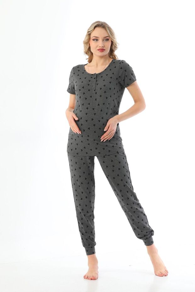 Gri Hamile Kalp Desenli Esnek Kumaş Pijama Üstü - 4