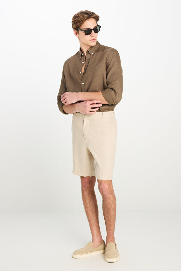 %100 Keten Regular Fit Normal Kesim Lastik Bel Detaylı Bej Şort - 2