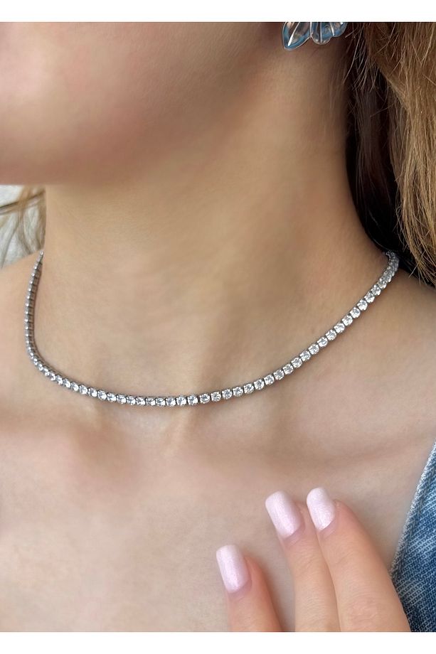 Sihra Accessories gümüş renk zirkon taşlı su yolu choker kolye 3 mm - 1