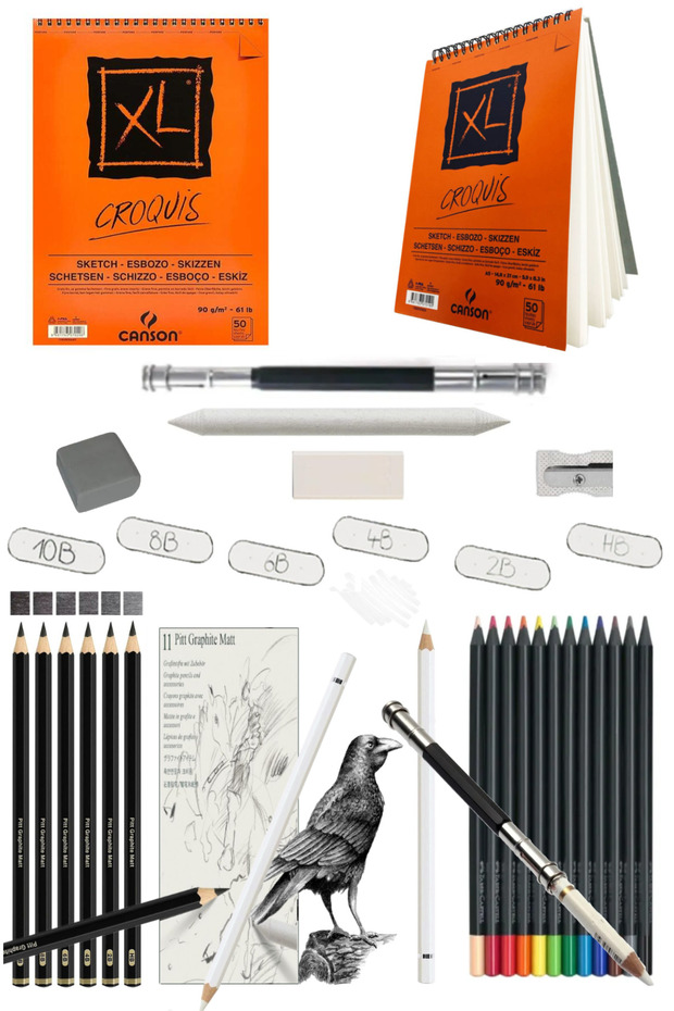 Canson XL Croquis Spiral Sketch 90Gr A5 50 Yp Pitt Graphite Matte 10B, 8B, 6B, 4B, 2B ,Hb Sketch Set